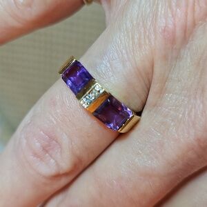 14k yellow gold amethyst and diamond ring.
